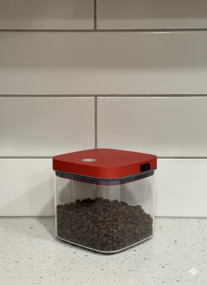 Relod sensor lid mounted on a clear coffee-bean container during a working pilot